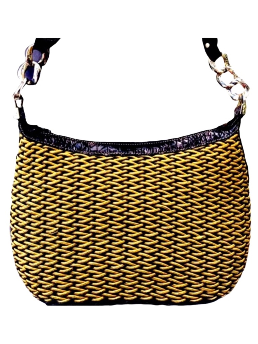 Brighton Vintage Straw/Black Croc Leather Shoulder Bag